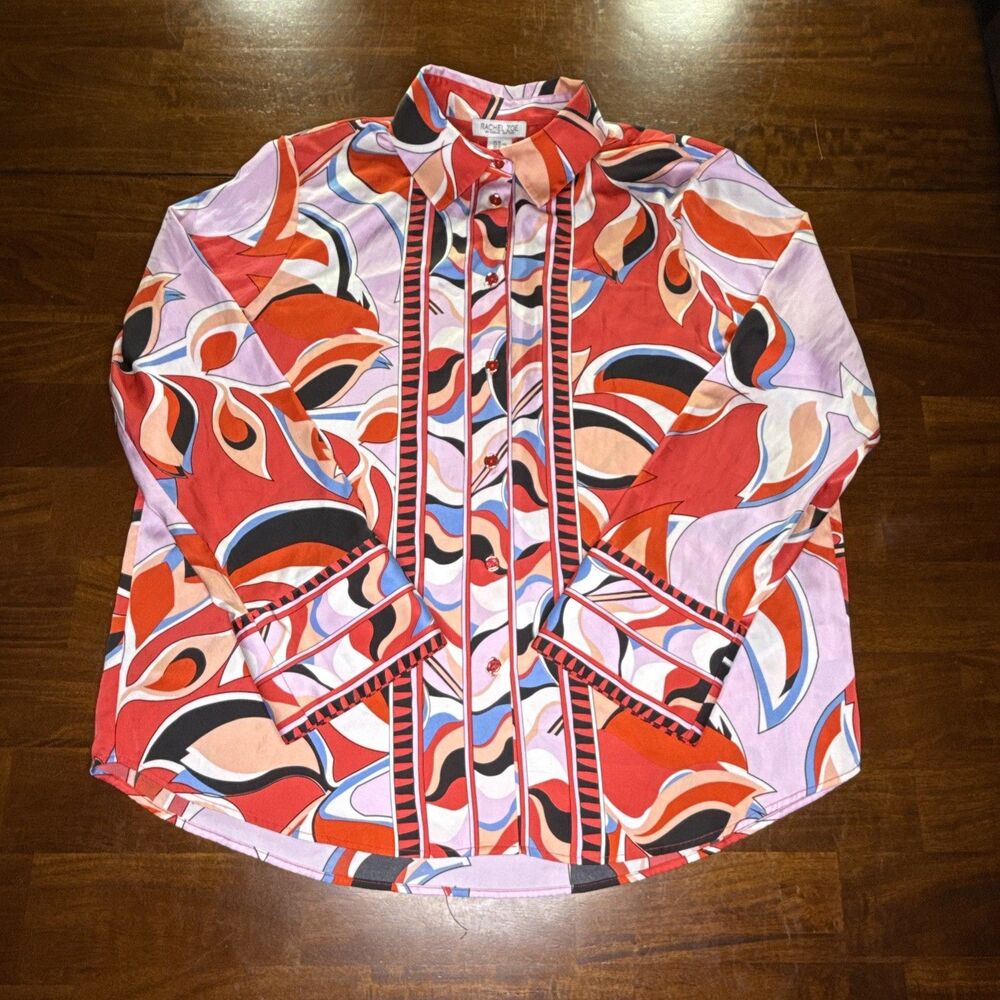 Rachel Zoe Womens Blouse Size XL Button Up Long Sleeve Boho Colorful Geometric